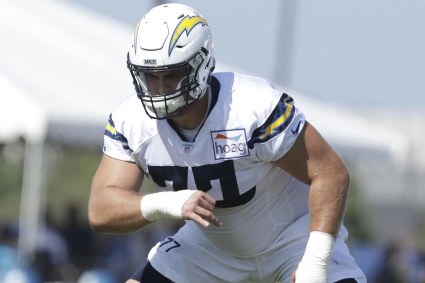 COSTA MESA, CA -- AUGUST 13, 2018: Los Angeles Chargers guard Forrest Lamp during training camp at Jack R. Hammett Sports Complex in Costa Mesa. (Myung J. Chun / Los Angeles Times)