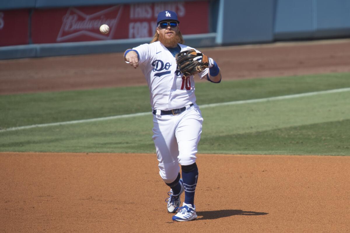 Dodgers third baseman Justin Turner throws during a game against the Angels.