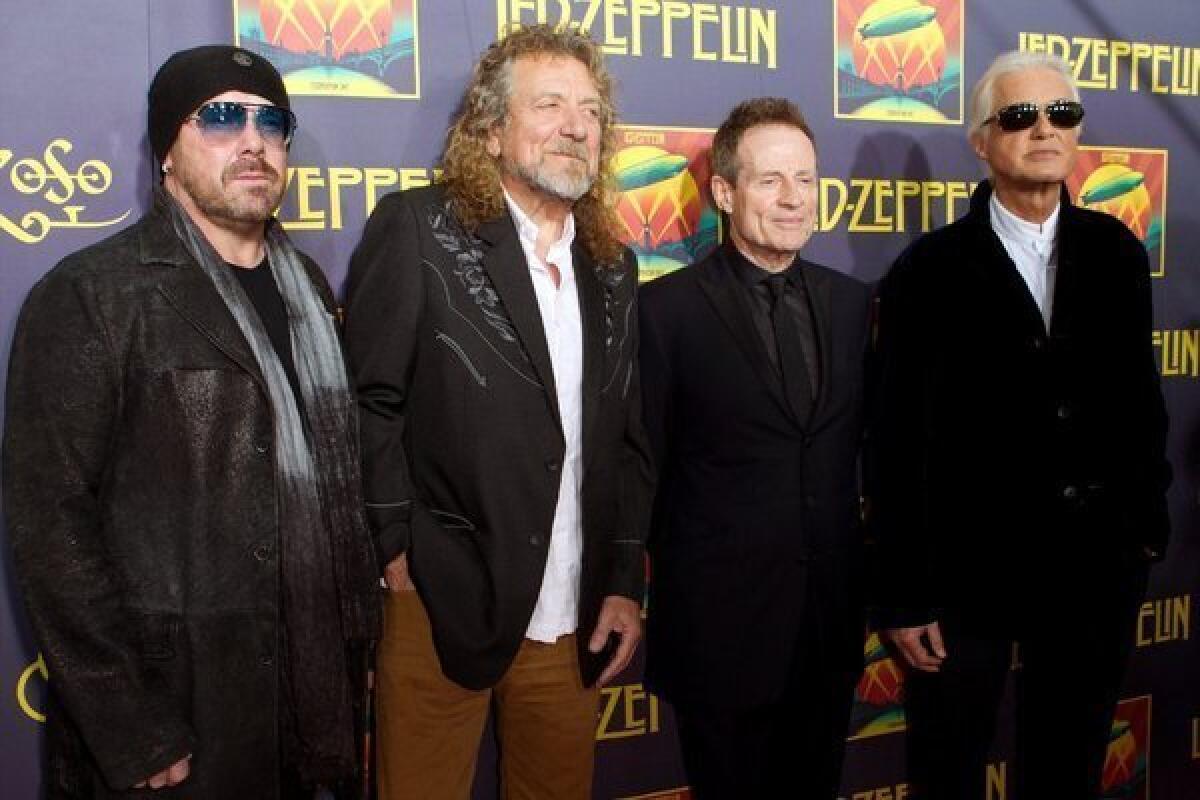 From left, Jason Bonham, son of the late John Bonham, and original band members Robert Plant, John Paul Jones and Jimmy Page promote Led Zepplin's "Celebration Day."