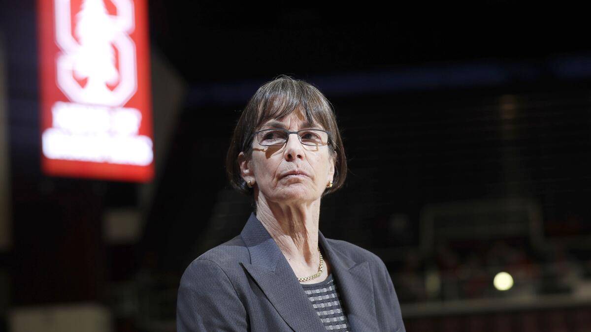 Stanford Coach Tara VanDerveer watches her team warm up for the game against USC on Friday night in Palo Alto.