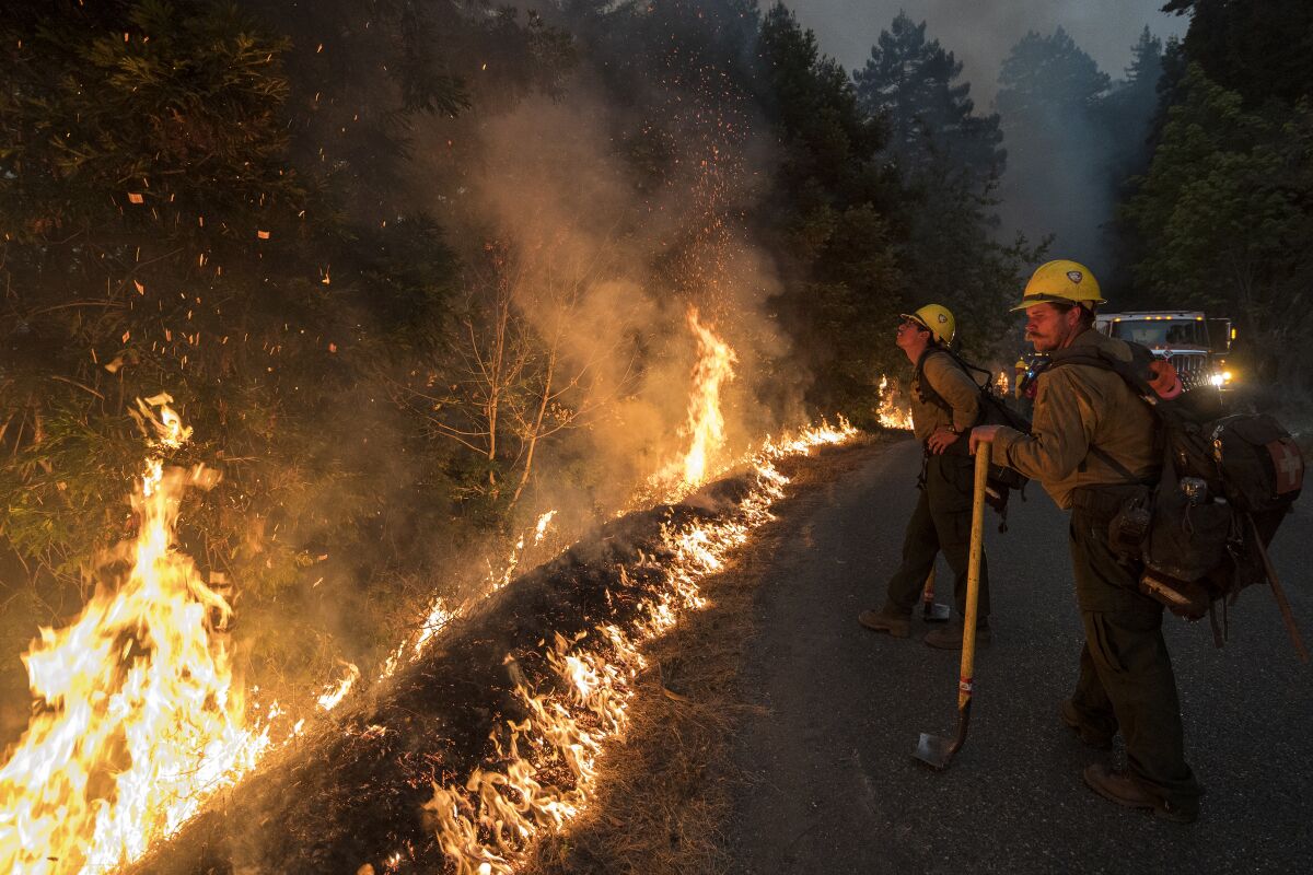 FILE -Firefighters monitor a controlled burn along Nacimiento-Fergusson Road to help contain the Dolan Fire near Big Sur, Calif., Friday, Sept. 11, 2020. Ivan Gomez who started a 2020 wildfire that killed 12 endangered California condors and seriously injured a firefighter was sentenced to 24 years in state prison, prosecutors said. (AP Photo/Nic Coury, File)