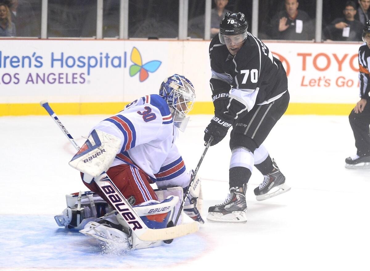 New York Rangers goalie Henrik Lundqvist makes a save on a shot by Kings forward Tanner Pearson during the Kings' 4-1 preseason win in Las Vegas on Friday.