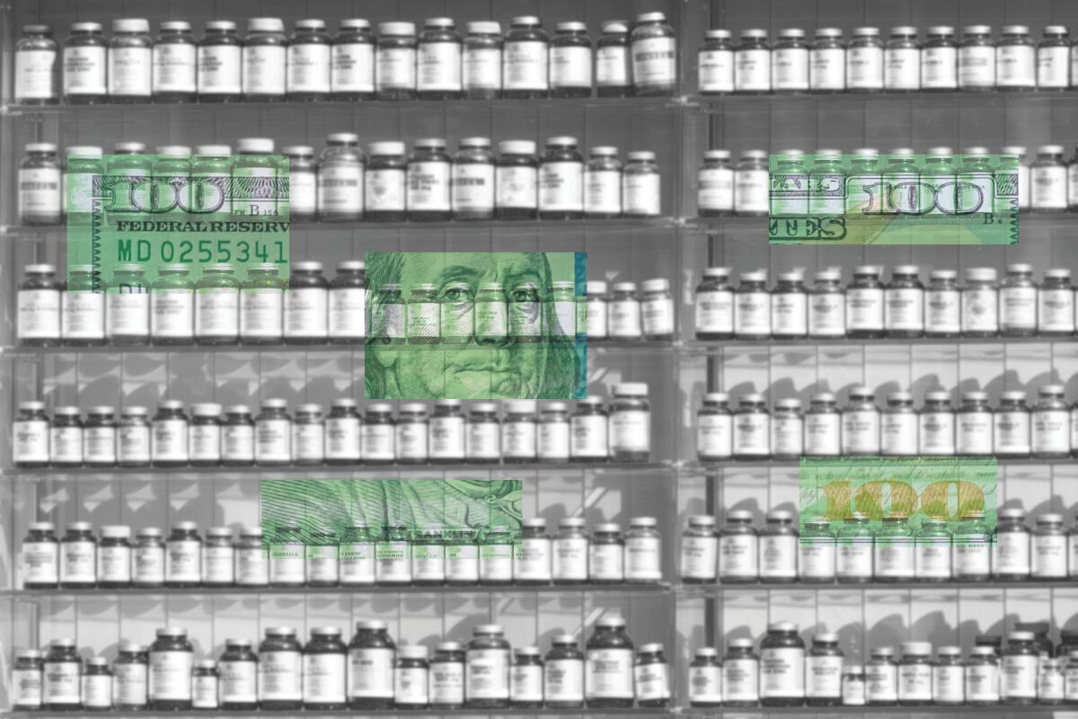 Assortment of medicine on a shelf, black and white photo, with pieces of green money in a transparent overlay.