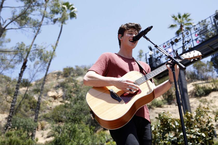 LOS ANGELES, CA- May 18, 2018: Pop singer Shawn Mendes rehearses and soundchecks for a show at the John Anson Ford Amphitheater. His new album comes out on May 25th. (Katie Falkenberg / Los Angeles Times)
