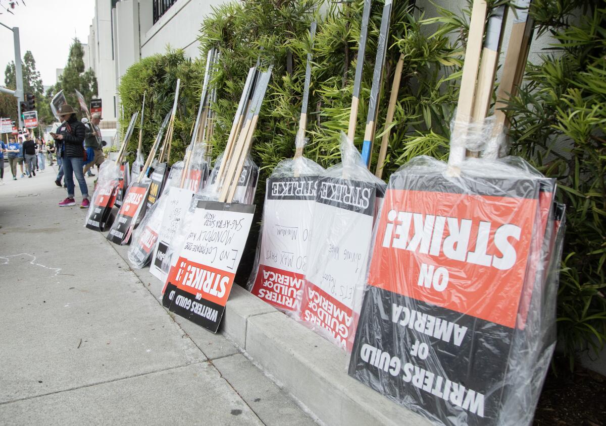 Signs await distribution at the picket line at Sony Studios in Culver City in May. 