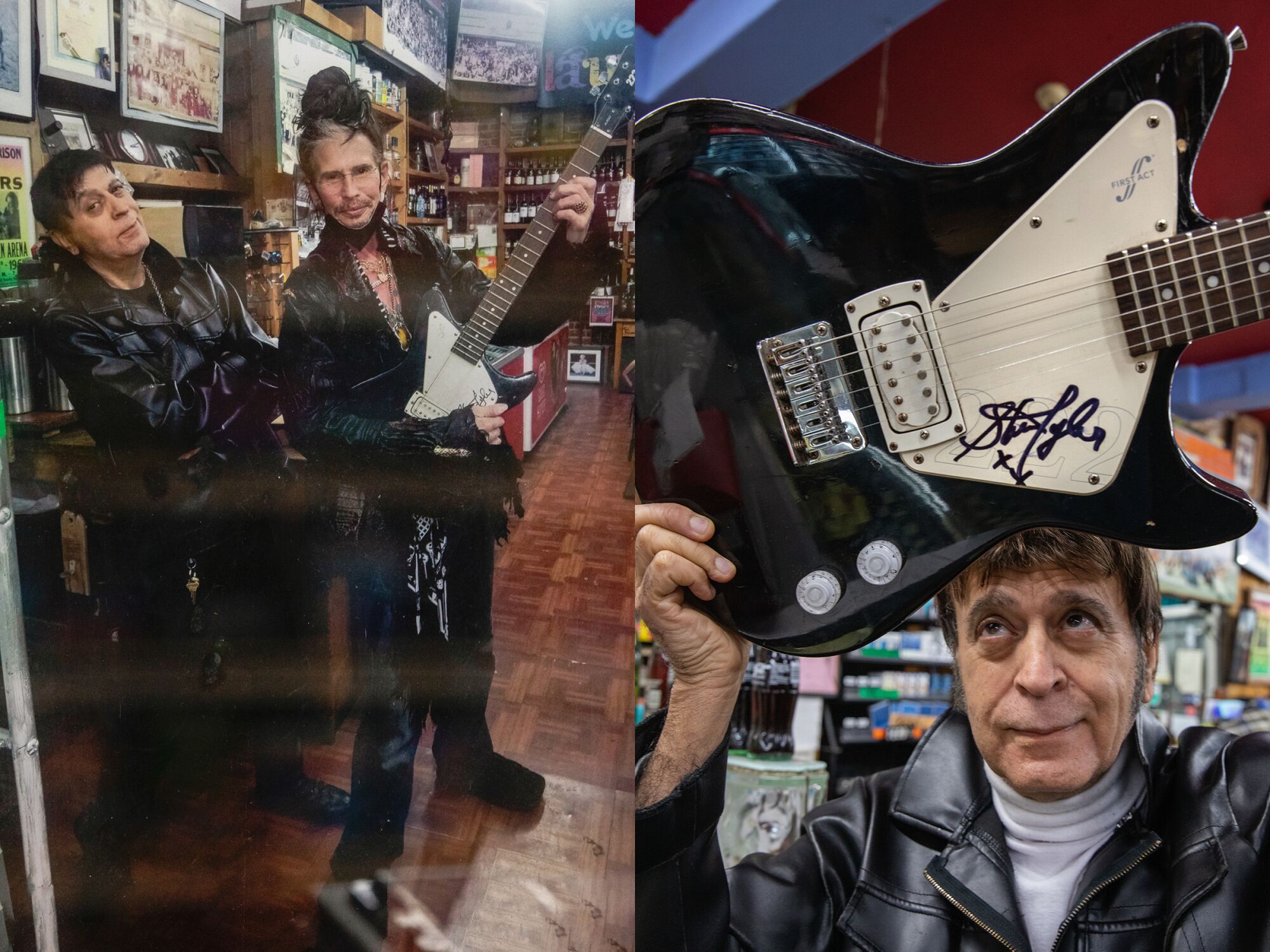 Yan yana iki fotoğraf, biri Tommy Bina ve Steven Tyler'ın, diğeri Bina'nın elinde imzalı bir gitar tutarken çekilmiş bir fotoğrafı.