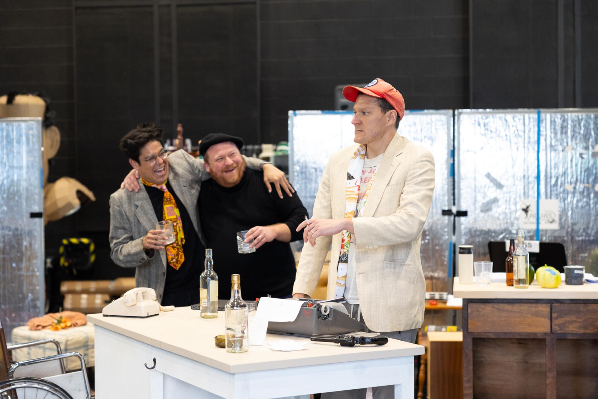 George Salazar (left), Jason SweetTooth Williams and Gabriel Ebert in rehearsal at La Jolla Playhouse.