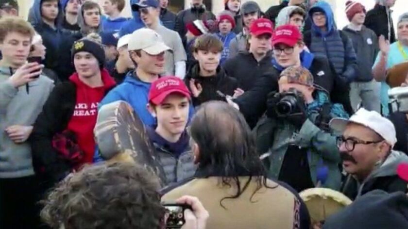 A still from a video that captured the brief confrontation in Washington, D.C., on Jan. 18 between high school students and a Native American.