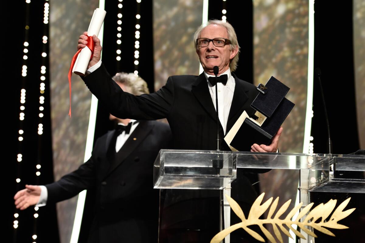 Director Ken Loach speaks on stage with The Palme d'Or for his movie' 'I,Daniel Blake' during the closing ceremony at the 69th Cannes Film Festival at Palais des Festivals.