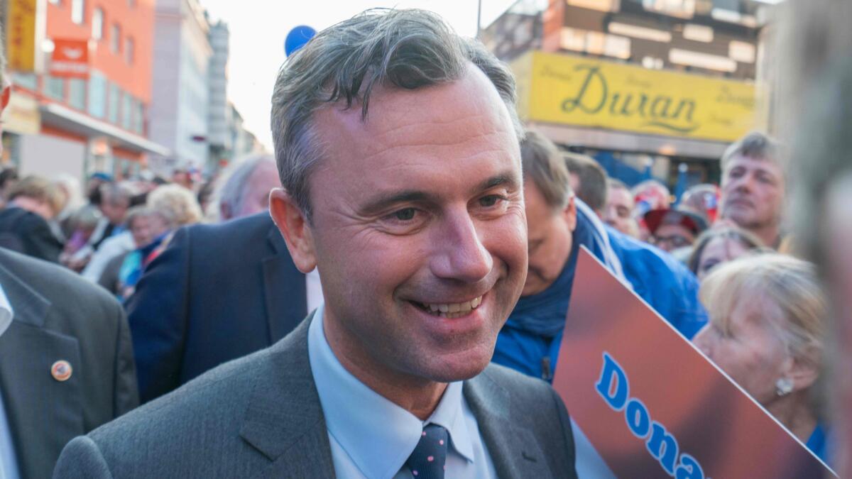 Austrian presidential candidate Norbert Hofer of the right-wing Freedom Party at a campaign rally in Vienna on May 20,2016.