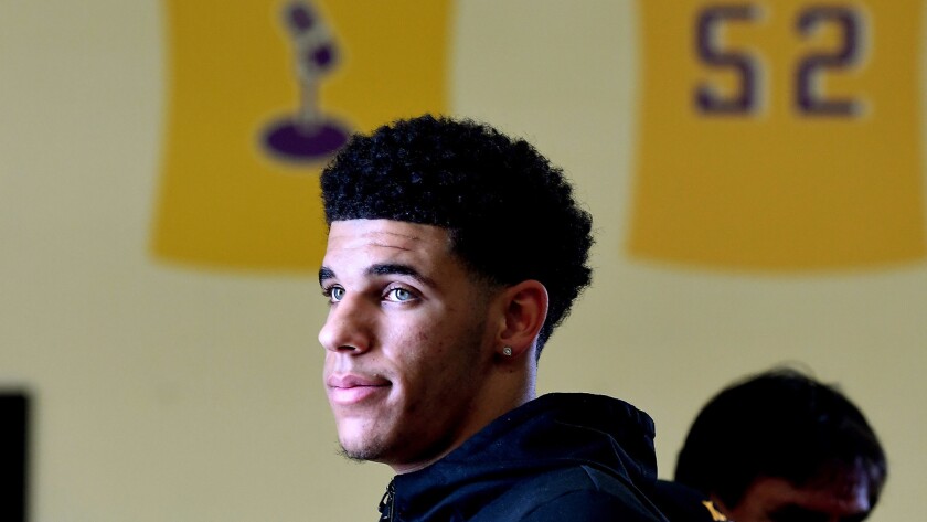 Lonzo Ball as he was being introduced as a member of the Los Angeles Lakers.