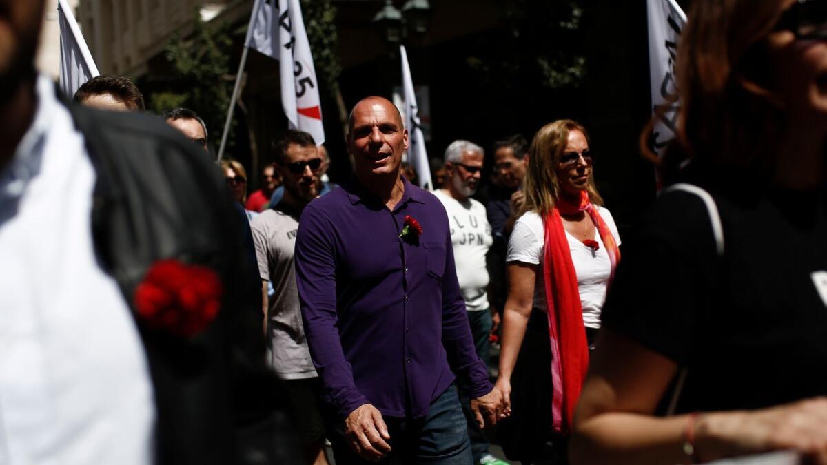 Yanis Varoufakis at a May Day rally in Greece. He comes to LA to talk about his new book.