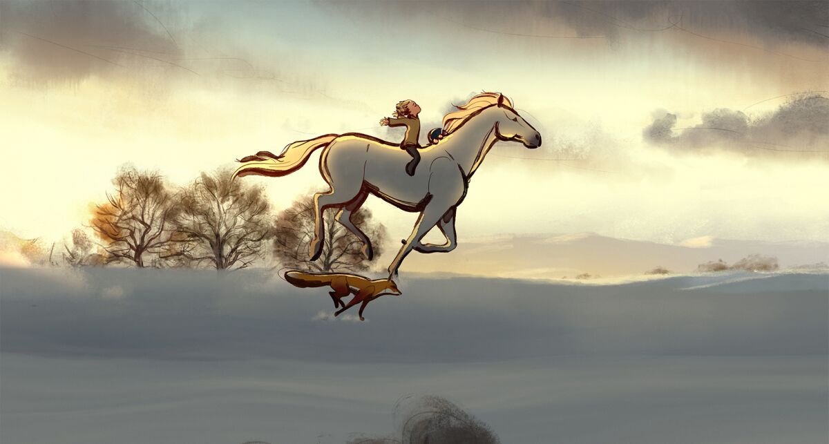 An animated image of a boy riding a horse with a fox trotting alongside them in "The Boy, the Mole, the Fox and the Horse."