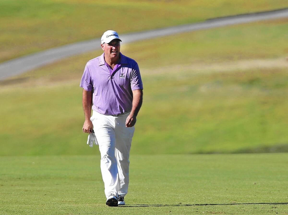 Duffy Waldorf sits alone on the top of the leader board after the second round of the Toshiba Classic at the Newport Beach Country Club on Saturday.