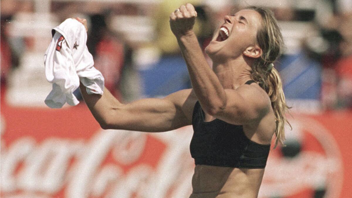 Brandi Chastain reacts after scoring the winning goal at the 1999 women's World Cup.