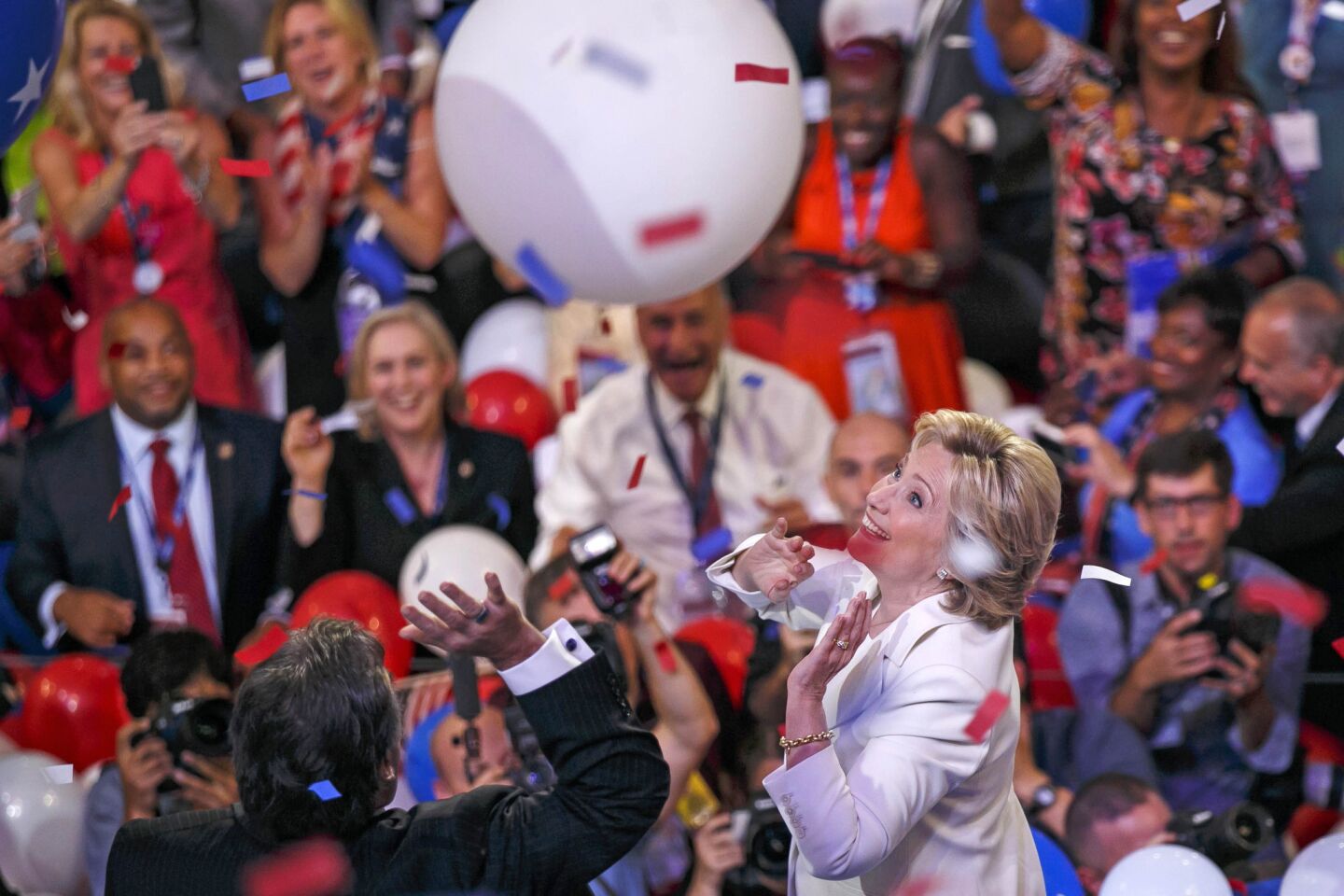 Hillary Clinton and Senator Tim Kaine celebrates after accepting her party's nomination at the 2016 Democratic National Convention.