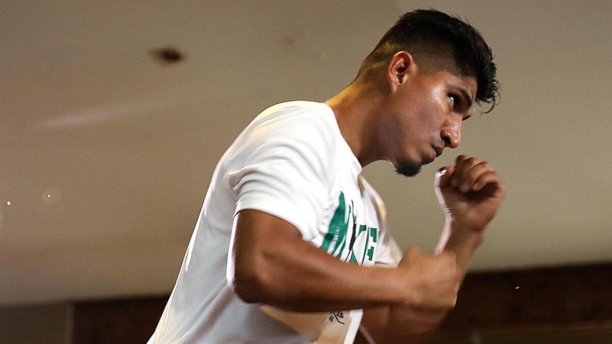 World Boxing Council lightweight champion Mikey Garcia holds a media workout at Fortune Gym in Hollywood in anticipation of his Saturday title match against unbeaten Robert Easter Jr.