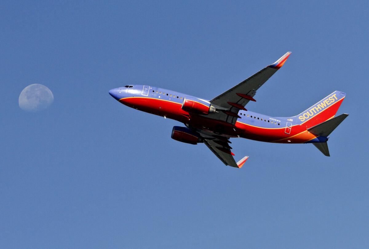 A Southwest Airlines plan takest off from Bob Hope Airport in Burbank. After to flat months, the number of passengers traveling through the airport rose in October compared to the same time last year.