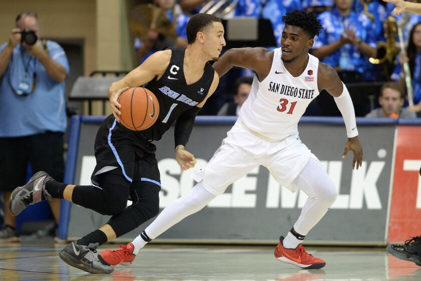 Nov 30, 2017; San Diego, CA, USA; San Diego Toreros guard Tyler Williams (1) dribbles the ball while defended by San Diego State Aztecs guard Montaque Gill-Caesar (31) during the first half at Jenny Craig Pavilion. Mandatory Credit: Orlando Ramirez-USA TODAY Sports ** Usable by SD ONLY **