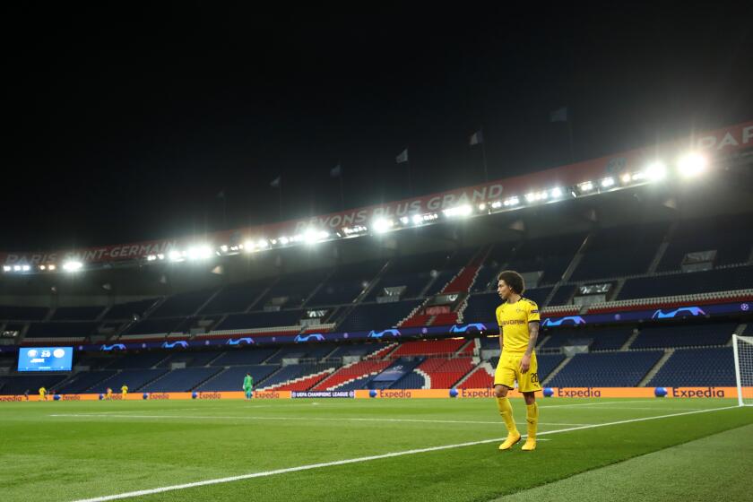 PARIS, FRANCE - MARCH 11: (FREE FOR EDITORIAL USE) In this handout image provided by UEFA, Axel Witsel of Borussia Dortmund walks around the pitch after being subbed during the UEFA Champions League round of 16 second leg match between Paris Saint-Germain and Borussia Dortmund at Parc des Princes on March 11, 2020 in Paris, France. The match is played behind closed doors as a precaution against the spread of COVID-19 (Coronavirus). (Photo by UEFA - Handout/UEFA via Getty Images)