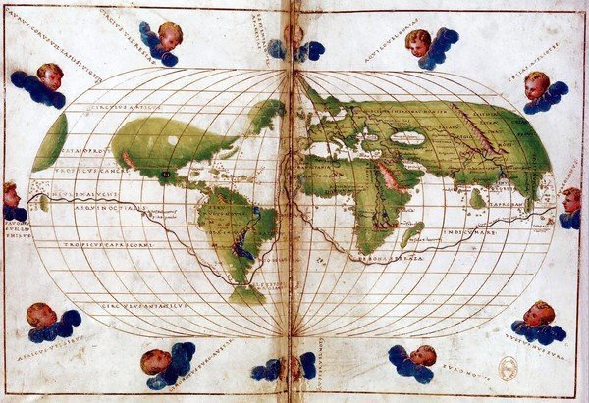World map of route taken by Ferdinand Magellan (c. 1480-1521) when he led first circumnavigation of the globe 1519-21. Mercator projection.