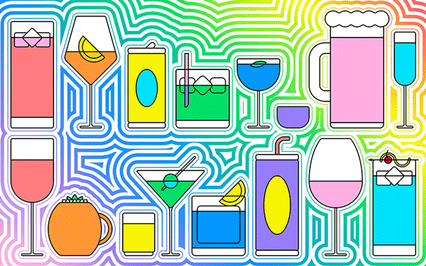 Illustration of beer, wine and cocktails in various glasses