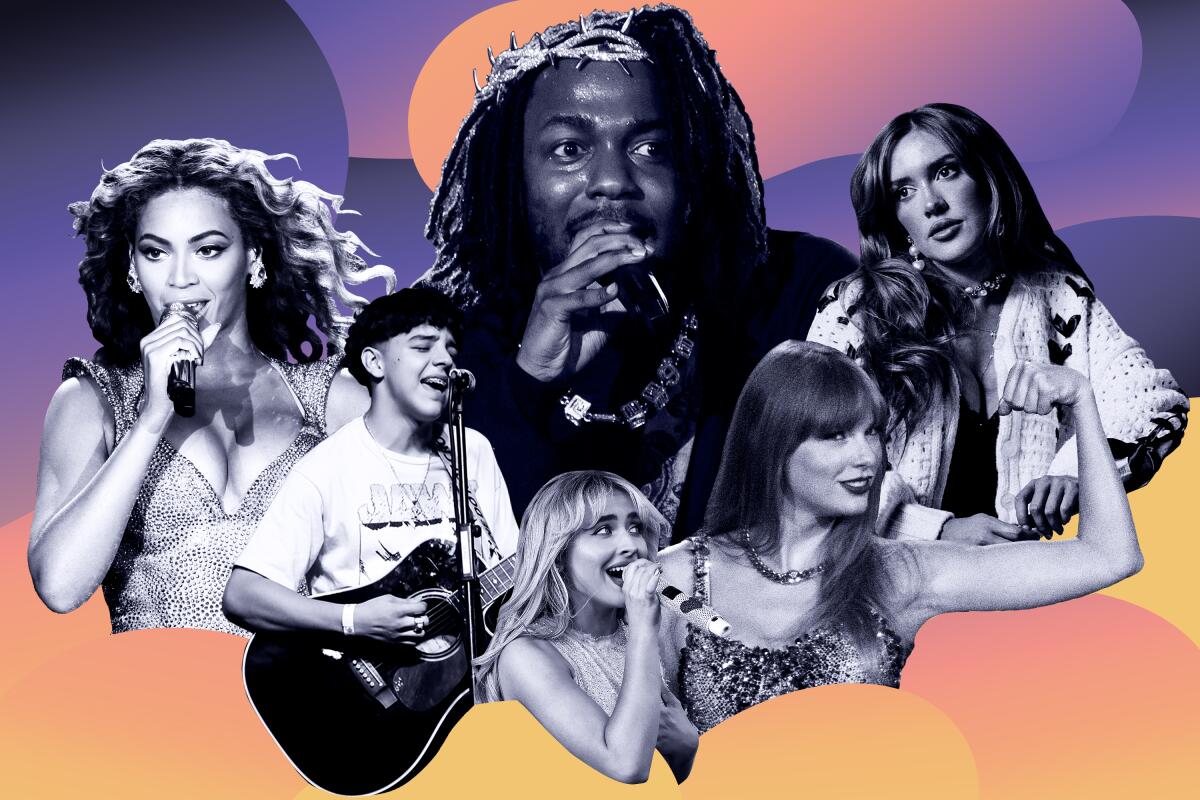 Photo illustration of Beyoncé, clockwise from left, Kendrick Lamar, Laci Kaye Booth, Taylor Swift, Sabrina Carpenter, Xavi.
