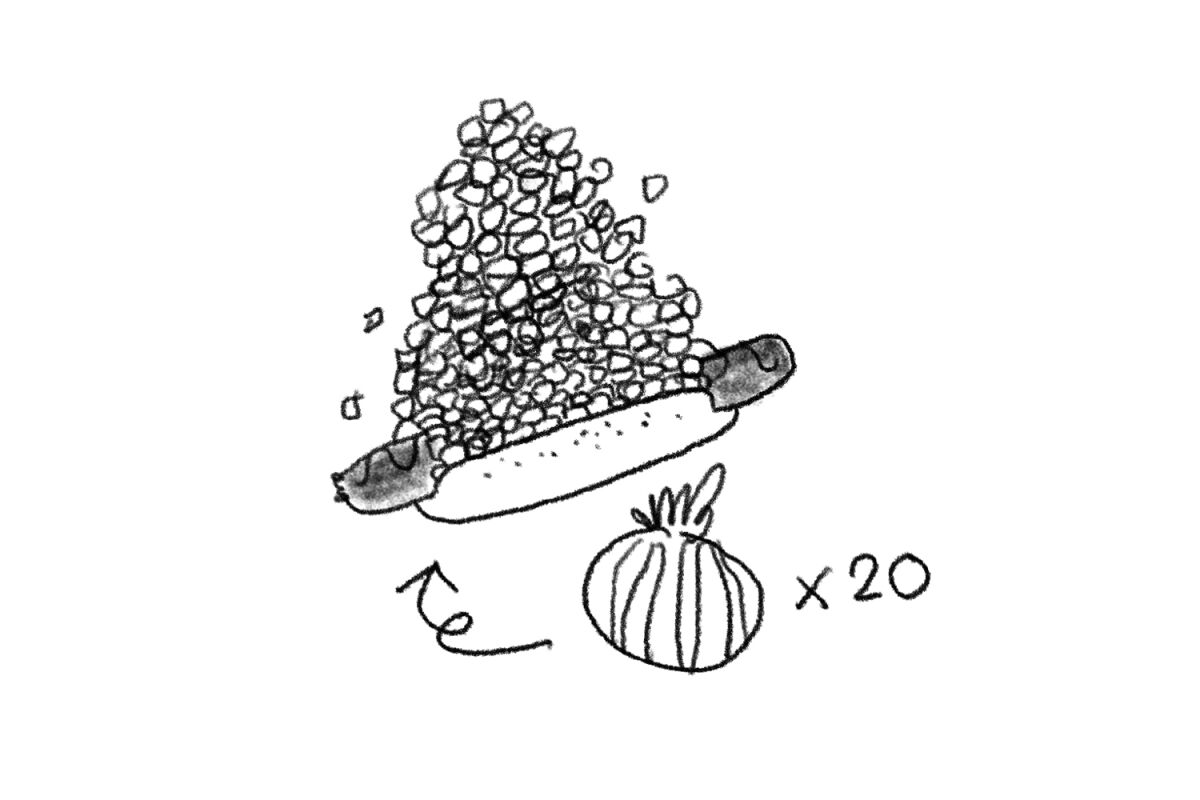 Illustration of hot dog with a mountain of diced onions piled on top