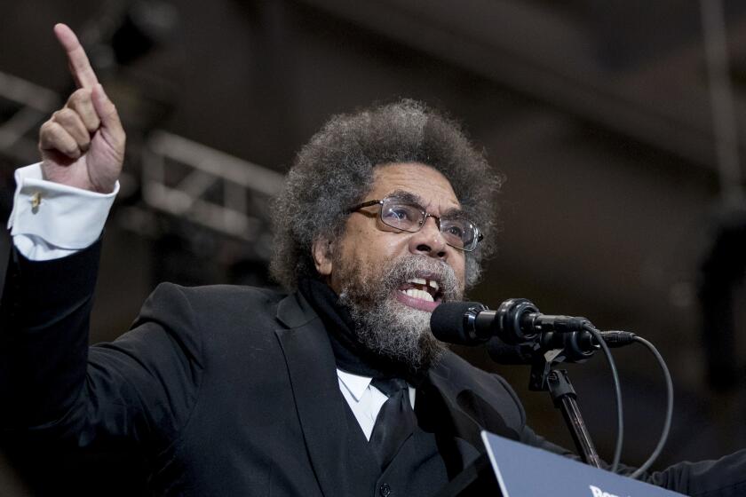 FILE - Harvard Professor Cornel West speaks at a campaign rally for Democratic presidential candidate Sen. Bernie Sanders, I-Vt., at the Whittemore Center Arena at the University of New Hampshire, Feb. 10, 2020, in Durham, N.H. Progressive activist Cornel West will run for president in 2024 as an independent, not as a member of the Green Party, his campaign said Thursday, Oct. 5. (AP Photo/Andrew Harnik, File)