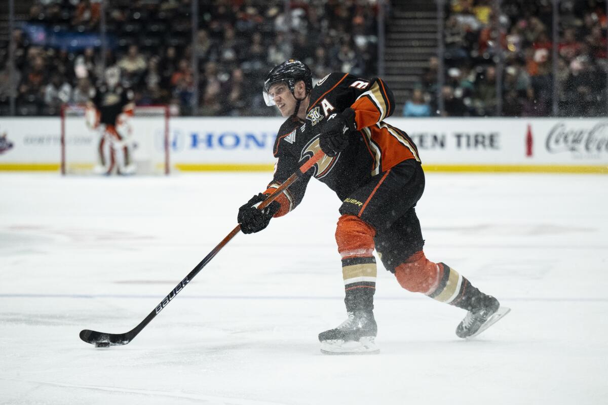 Ducks forward Jakob Silfverberg shoots during the first period against the Flames.