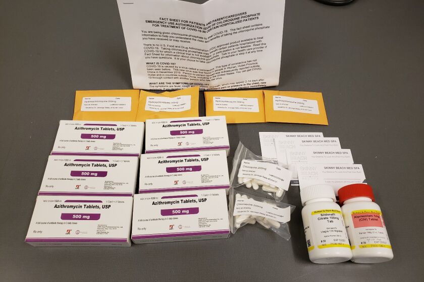 According to the FBI, Dr. Jennings Stanley sent this "COVID-19 management program" to an undercover FBI agent. It contained hydroxychloroquine and chloroquine, both used to fight malaria; generic versions of Xanax and Viagra; and azithromycin, an antibiotic that’s often called a Z-Pak.