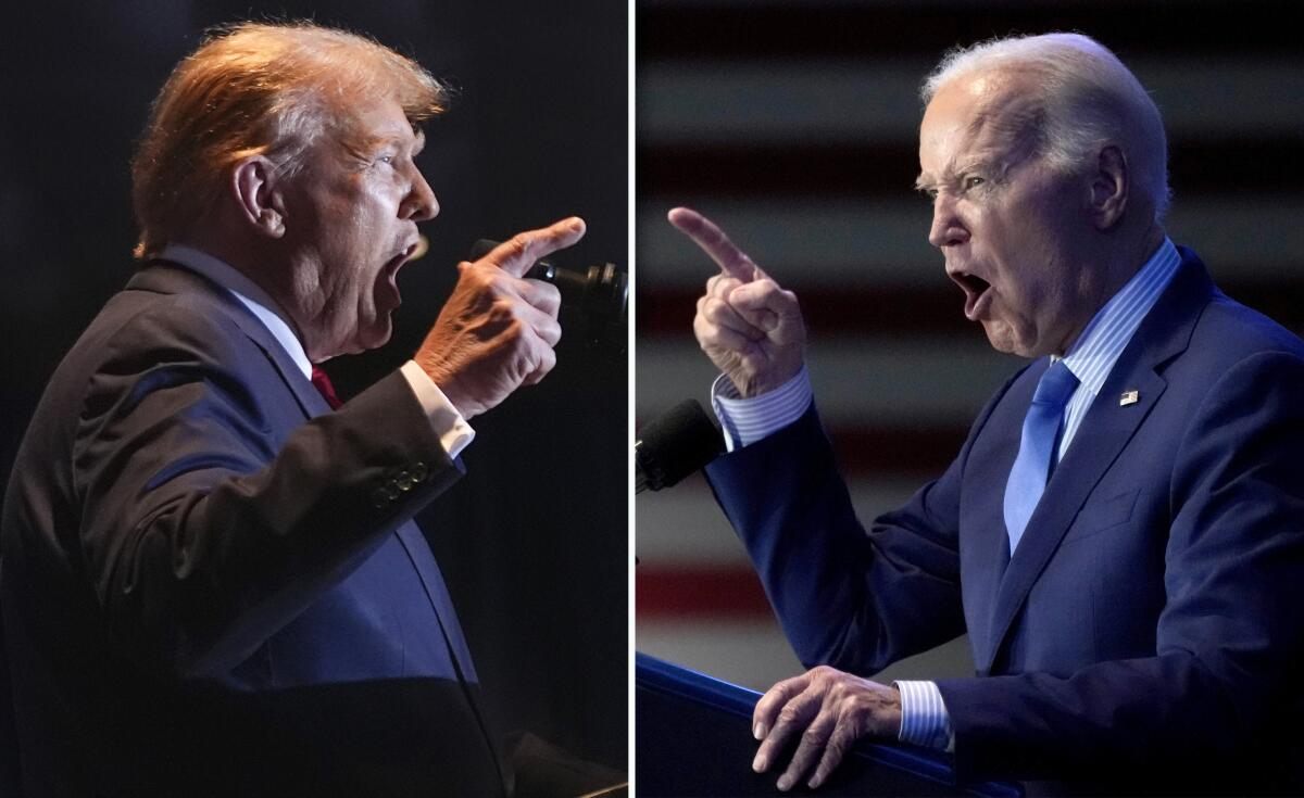 Former President Trump, left, and President Biden speaking and pointing in separate images