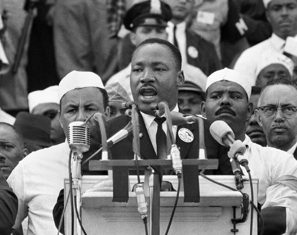 Martin Luther King Jr. delivers his "I Have a Dream" speech at the Lincoln Memorial in Washington in 1963.