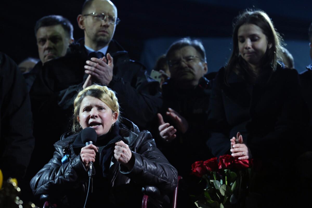 Yulia Tymoshenko, who was released from prison Saturday, addresses the thousands of people in Kiev's Independence Square.