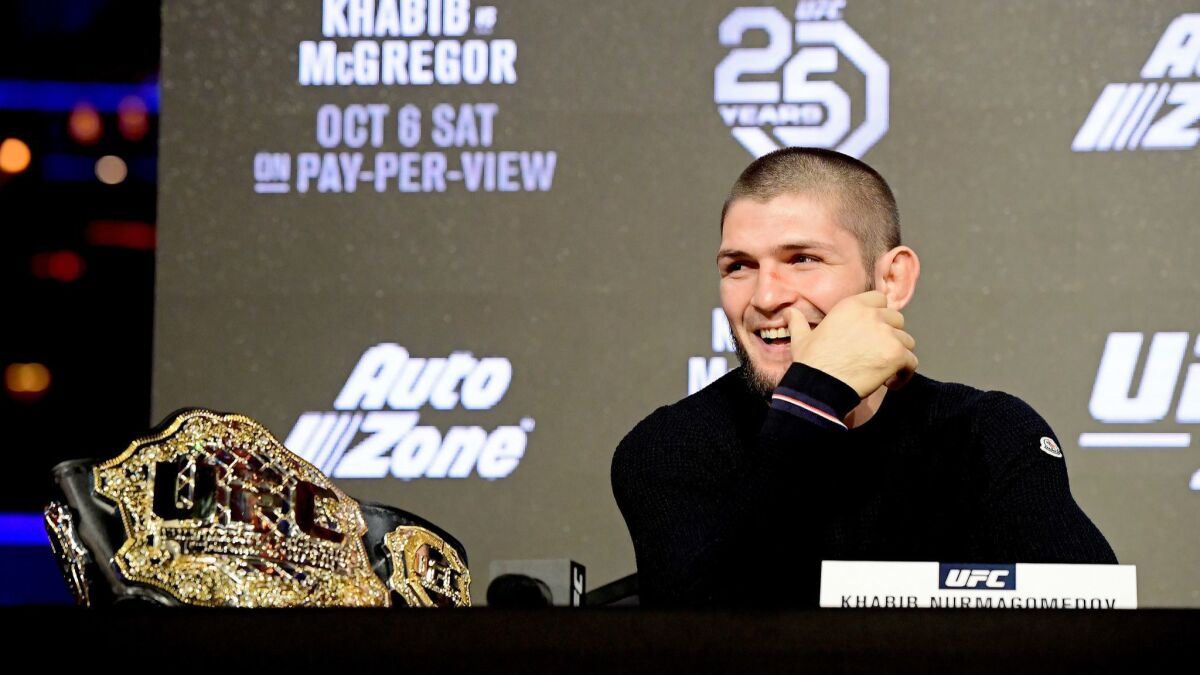 Lightweight champion Khabib Nurmagomedov reacts during the UFC 229 press conference at Radio City Music Hall on Sept. 20 in New York City.