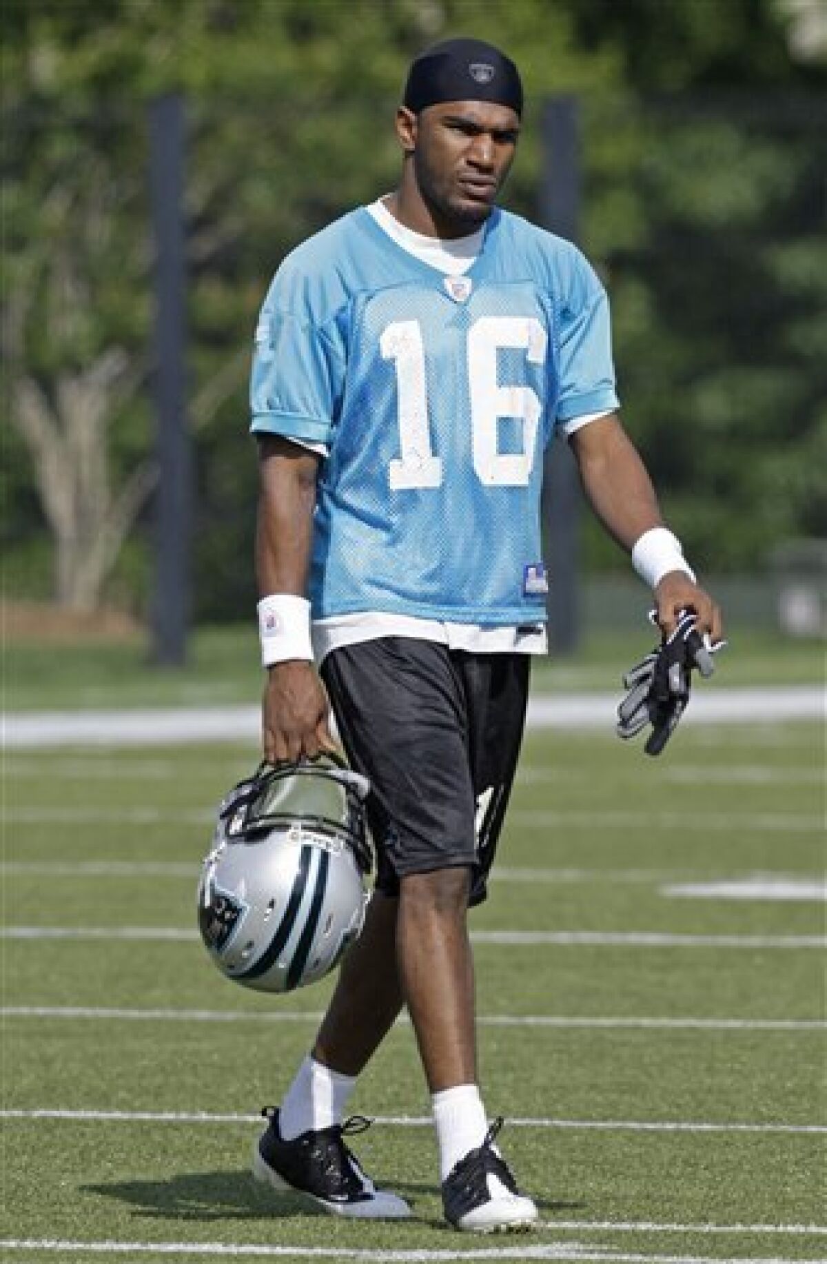 Carolina Panthers receiver Larry Beavers is shown during the NFL football team's summer training sessions in Charlotte, N.C., Monday, June 8, 2009. Beavers is small and untested after playing for a tiny Division III school. But you can't ignore his blazing speed or the stunning numbers he put up as a kick returner in college. The Carolina Panthers hope it translates to the NFL. (AP Photo/Chuck Burton)