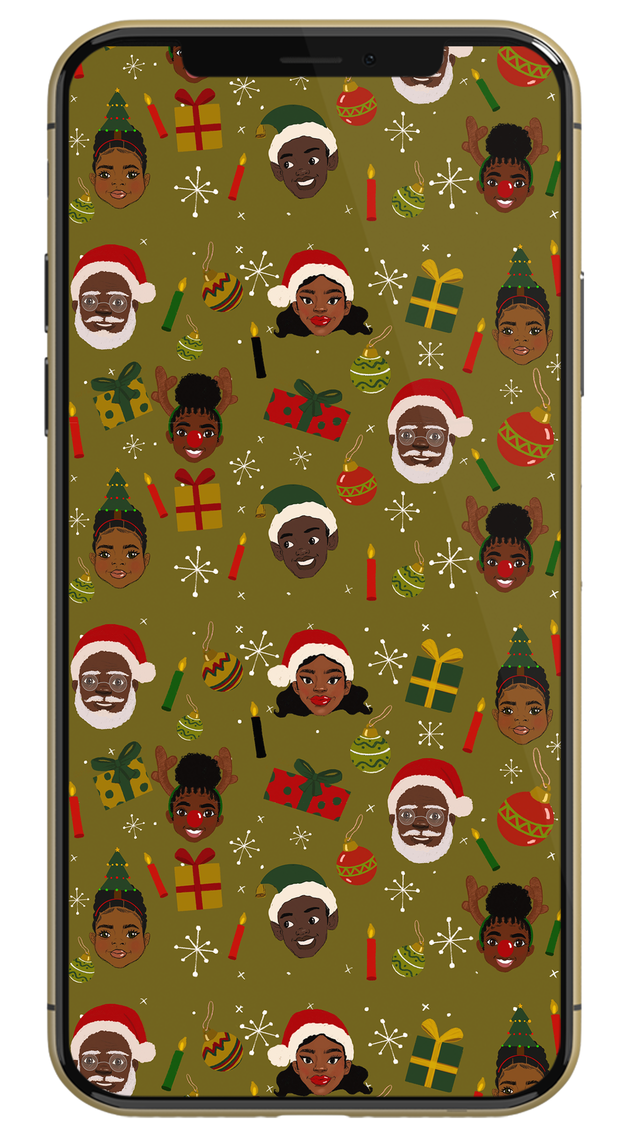 Wallpaper on an iphone wearing Santa hats, Christmas hats and reindeer ears with ornaments and presents in the background.