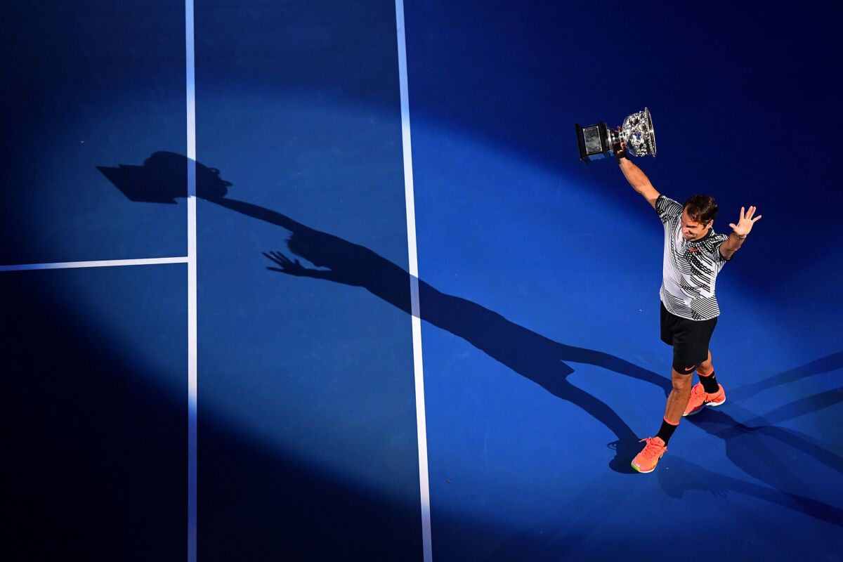 Roger Federer after winning the Men's Final match against Rafael Nadal of Spain at the 2017 Australian Open at Melbourne Park on January 29, 2017 in Melbourne, Australia.