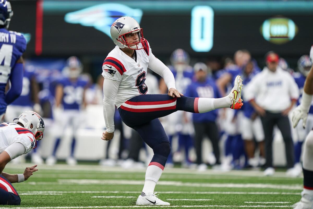 New England Patriots kicker Nick Folk (6) kicks a field goal during the first half of an NFL preseason football game against the New York Giants Sunday, Aug. 29, 2021, in East Rutherford, N.J. (AP Photo/John Minchillo)