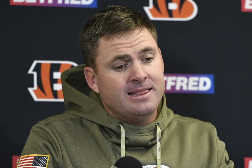 Cincinnati Bengals head coach Zac Taylor takes questions in a news conference after an NFL football game against the Pittsburgh Steelers, Sunday, Nov. 20, 2022, in Pittsburgh. The Bengals won 37-30.(AP Photo/Don Wright)
