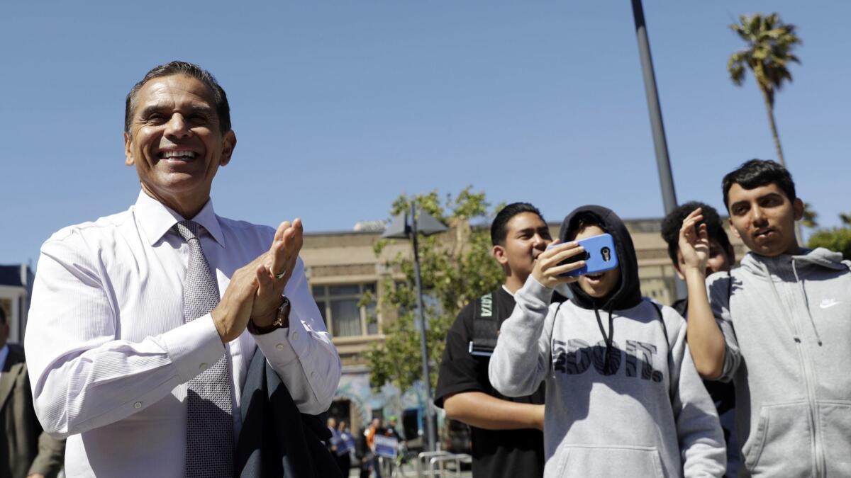 Antonio Villaraigosa, the former mayor of Los Angeles, speaks with students from Hayward's Tennyson High School during a campaign stop Friday, May 11, 2018, in San Francisco. Villaraigosa is running for governor of California.