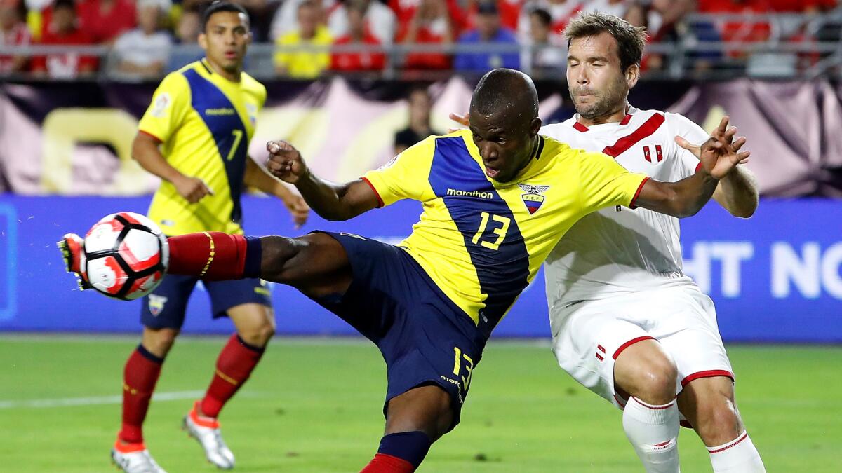 Enner Valencia (13), shown scoring against Peru, and Ecuador will need plenty of goals Sunday against Haiti for a chance to advance at Copa America.