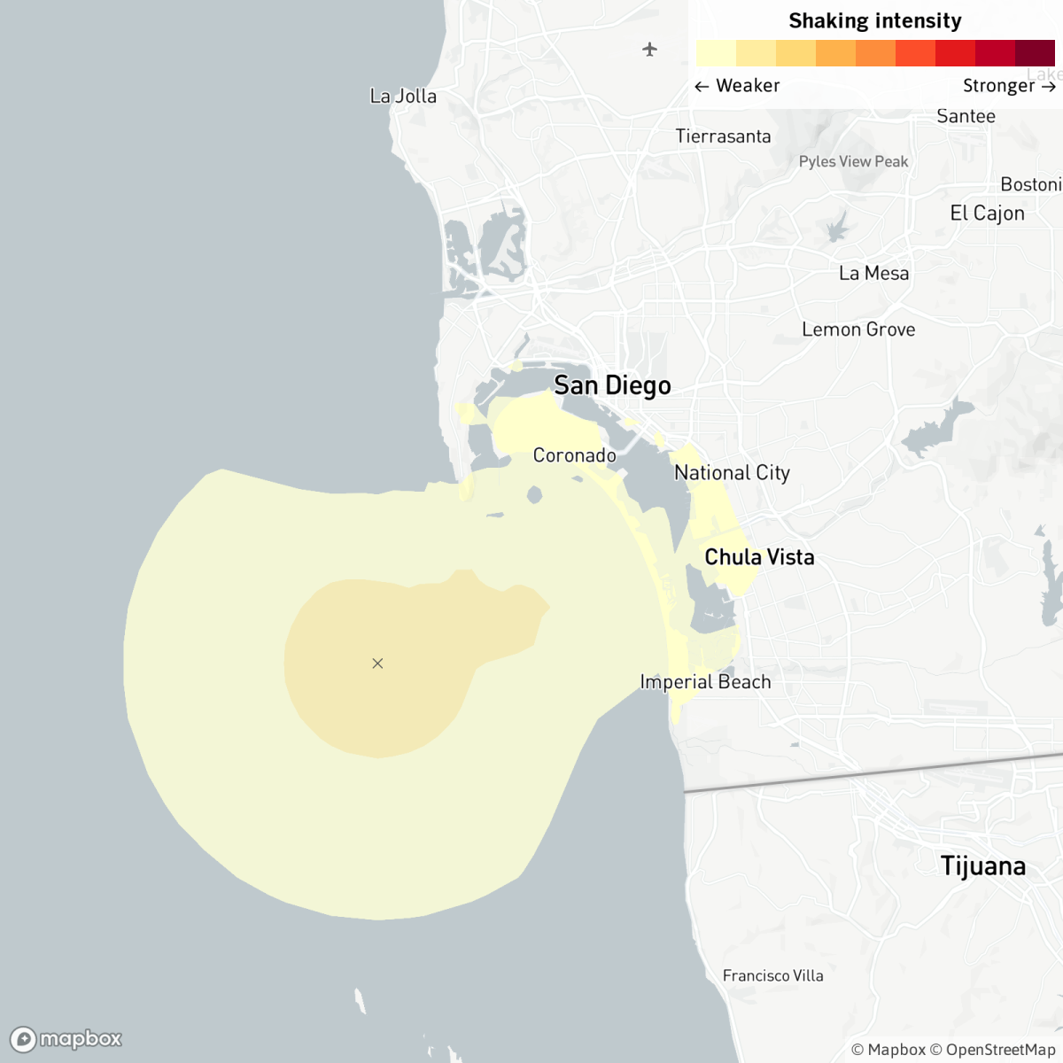 A shake map showing the earthquake epicenter and the San Diego area coast including Coronado and Imperial Beach.