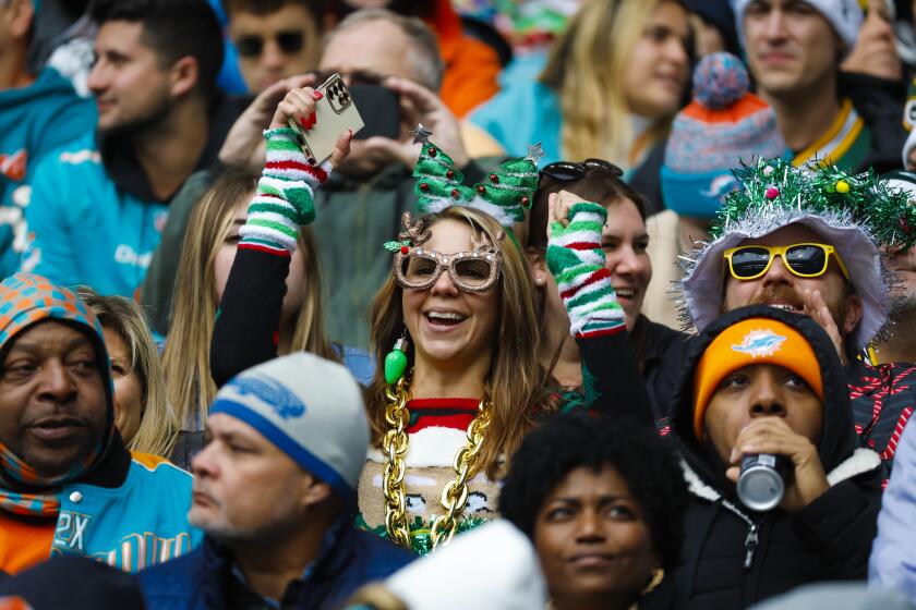 Fans watch a Christmas Day NFL football game between the Miami Dolphins and the Green Bay Packers, Sunday, Dec. 25, 2022, in Miami Gardens, Fla. (AP Photo/Rhona Wise)