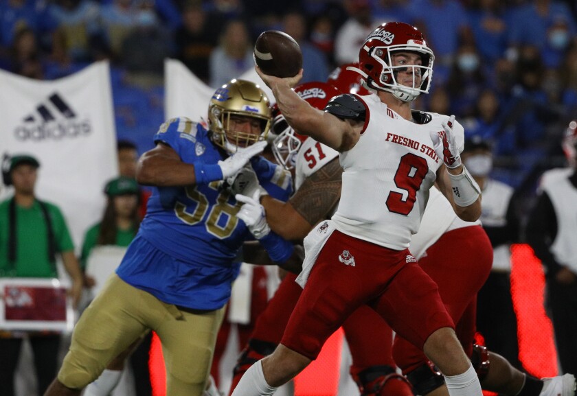 Fresno State quarterback Jake Haener passes during the Bulldogs' 40-37 win over UCLA.