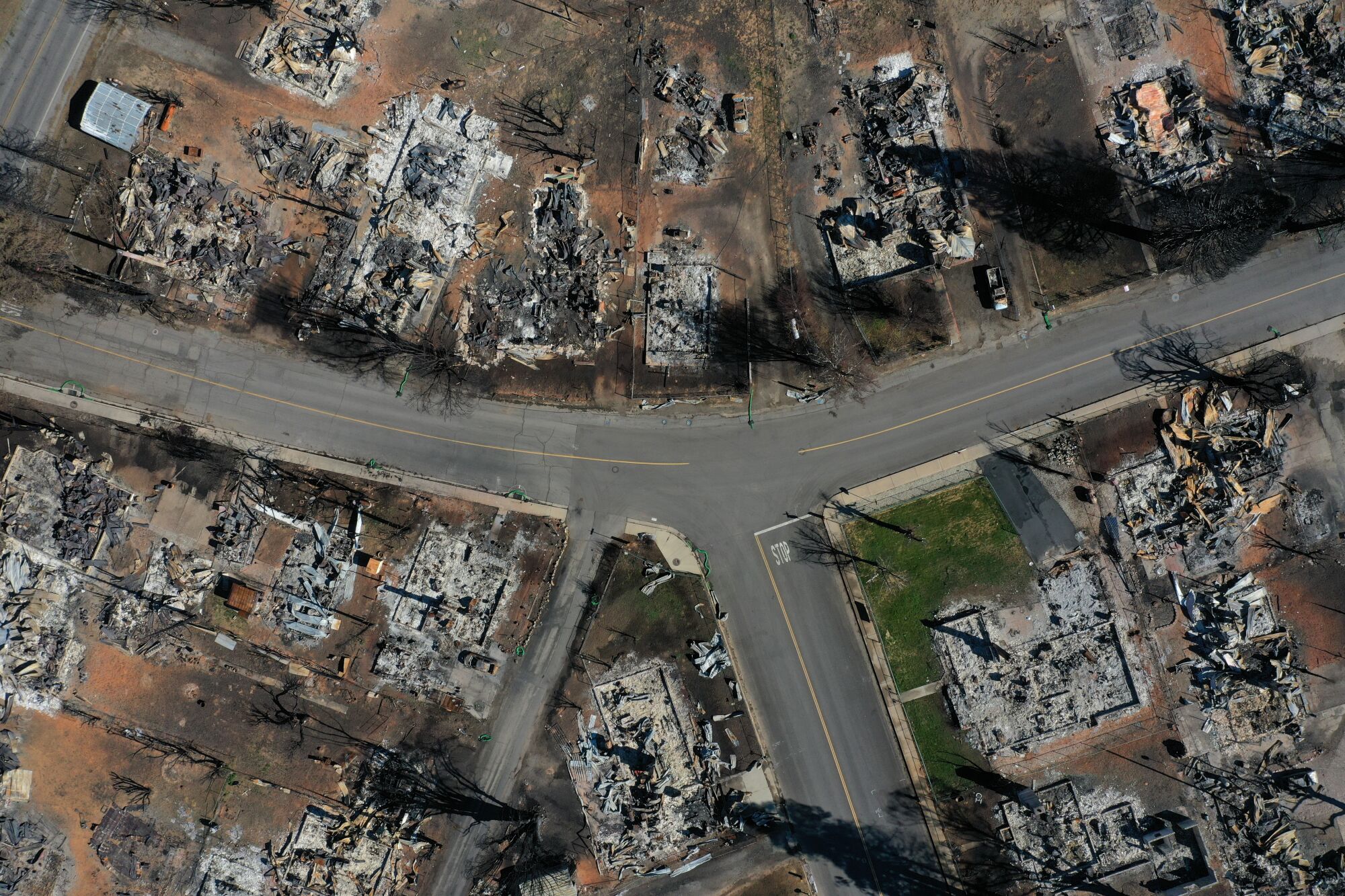 Aerial view of a fire-destroyed neighborhood