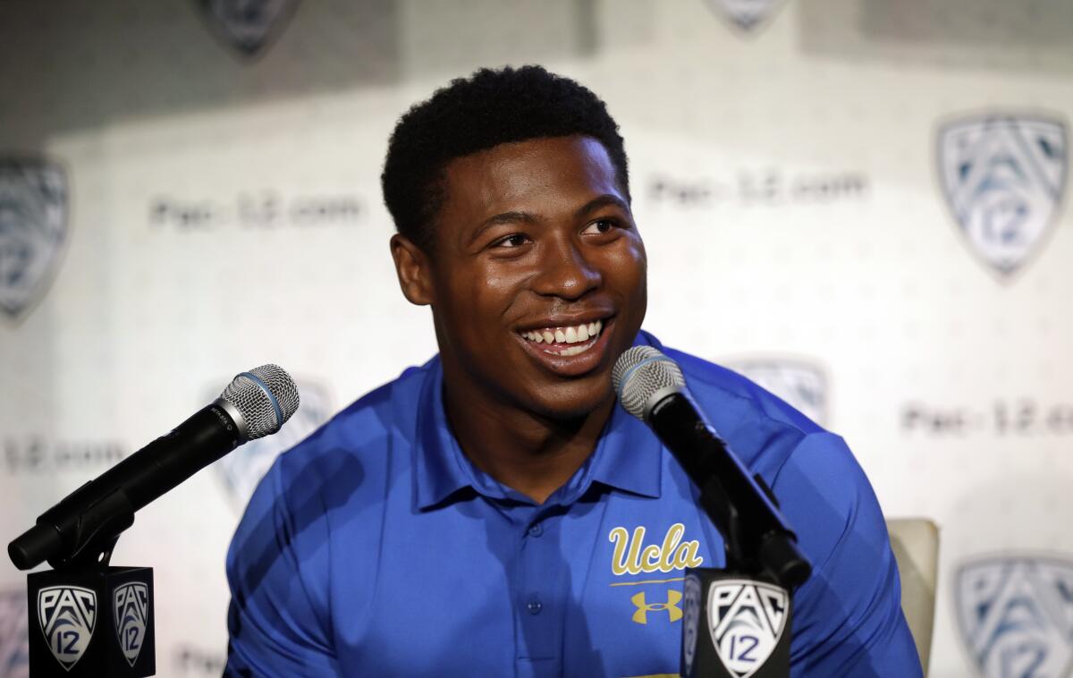UCLA running back Joshua Kelley answers questions during the Pac-12 Media Day on Wednesday in Los Angeles.
