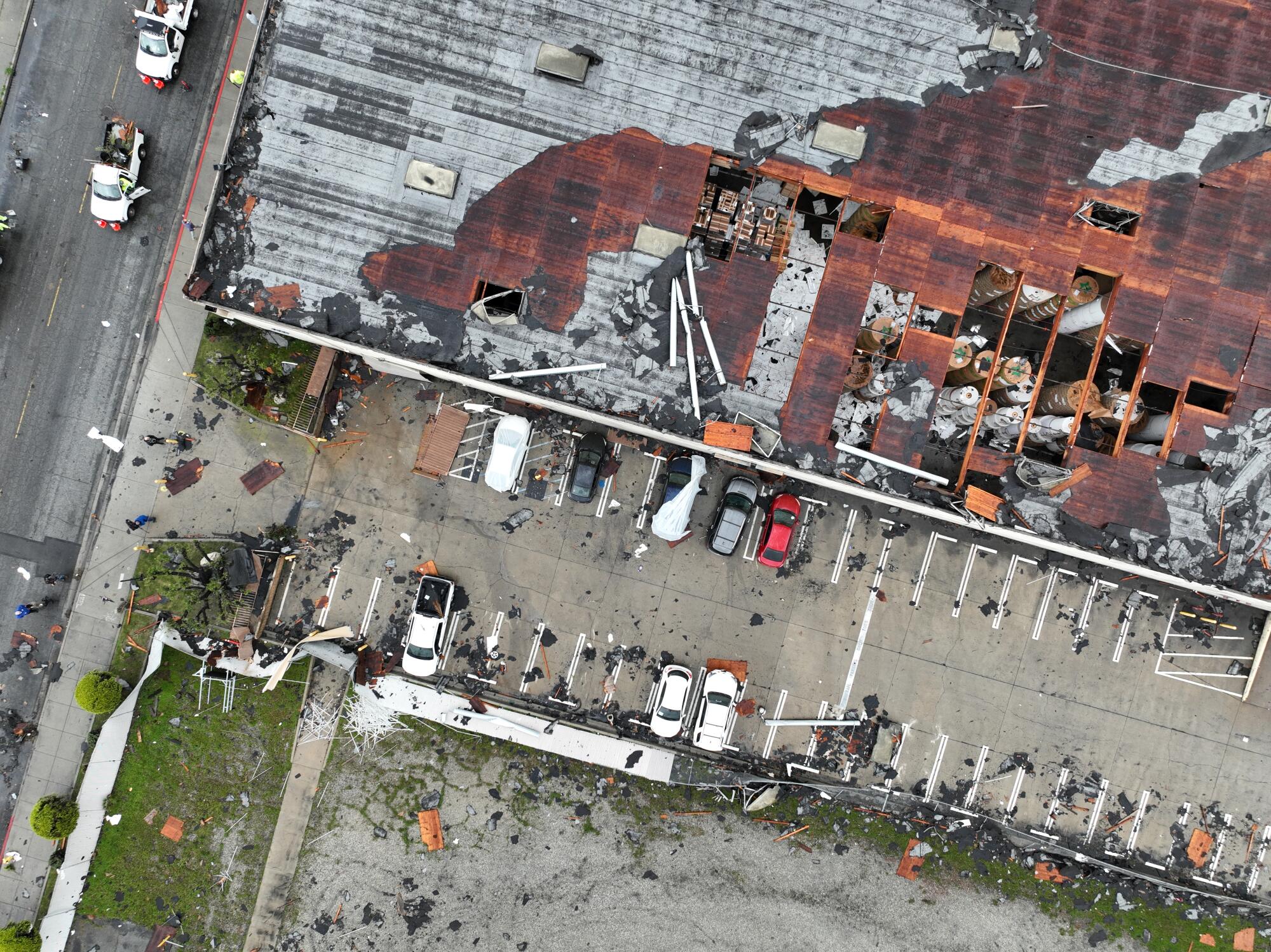 An aerial view of tornado damage in Montebello.