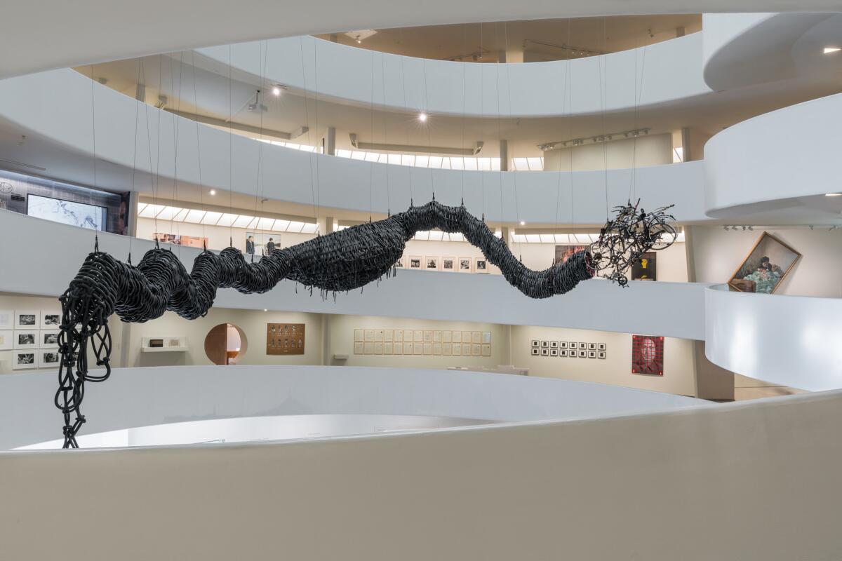 "Art and China After 1989: Theater of the World," along the spiral ramp of the Solomon R. Guggenheim Museum in New York.