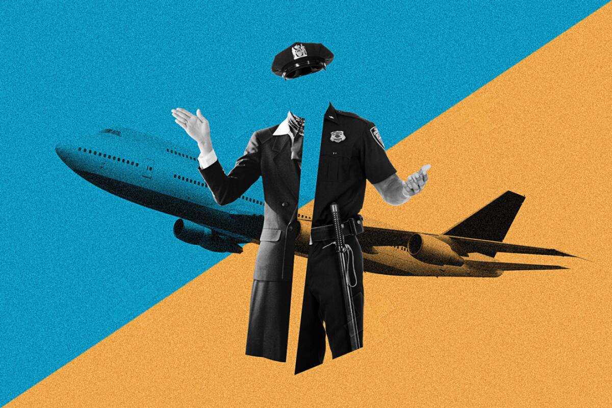 An illustration of a flight attendant and a police officer in front of a plane